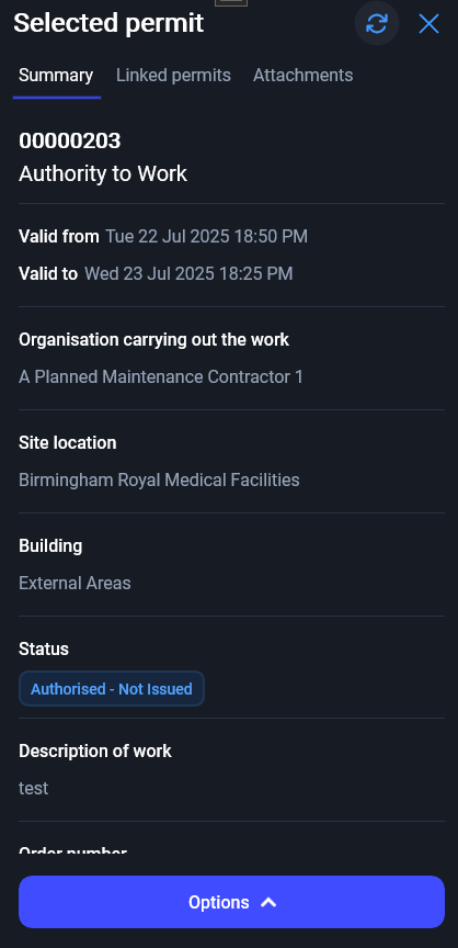 Permit to Work detail screen